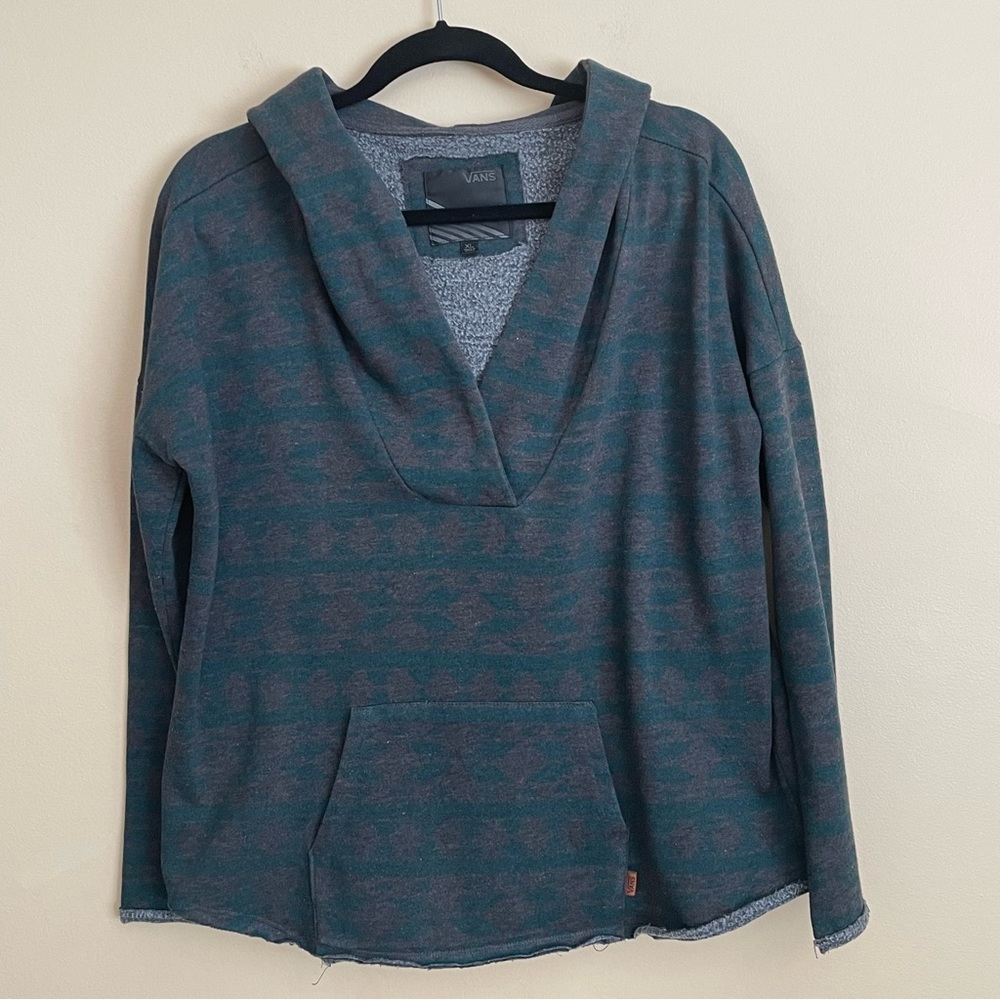 VANS Women's V-neck Hoodie Long Sleeve Pocket Green Grey Stripe Print Size XL